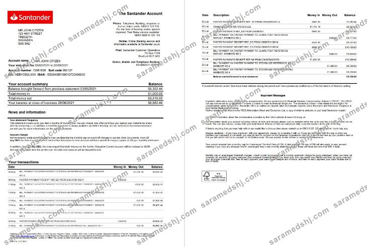 United Kingdom Santander bank statement template in Excel and PDF format (2 pages)